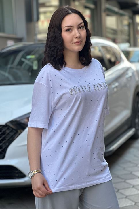 Ön Yazı Taş Detaylı tshirt-Beyaz