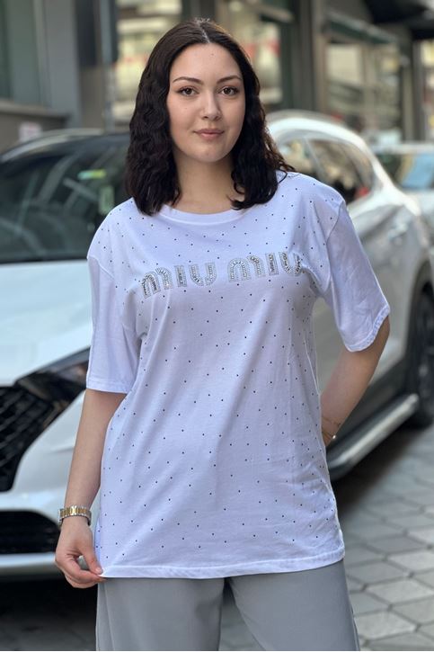 Ön Yazı Taş Detaylı tshirt-Beyaz