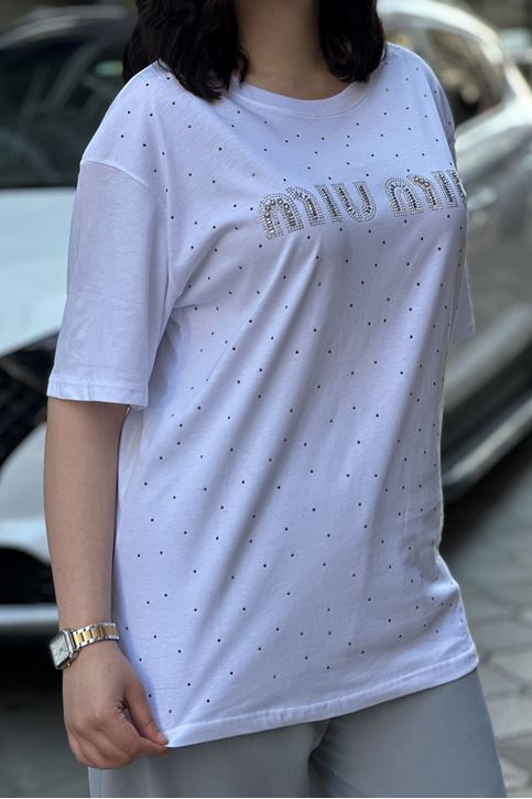 Ön Yazı Taş Detaylı tshirt-Beyaz
