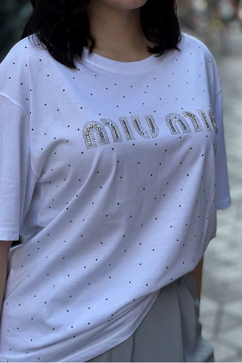 Ön Yazı Taş Detaylı tshirt-Beyaz