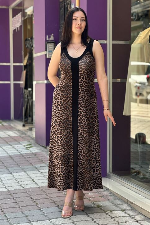 Askılı Leopar Desen Midi Boy Elbise-Kahve
