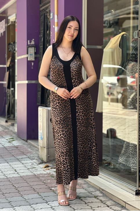 Askılı Leopar Desen Midi Boy Elbise-Kahve