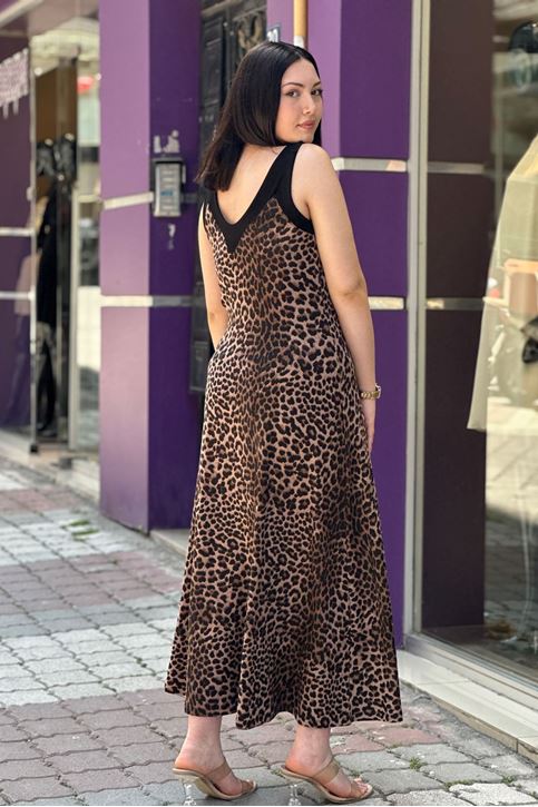 Askılı Leopar Desen Midi Boy Elbise-Kahve