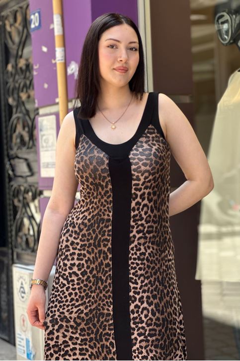 Askılı Leopar Desen Midi Boy Elbise-Kahve