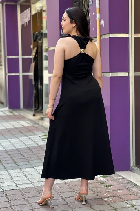 Arkası Toka Detay Midi Boy Elbise-Siyah