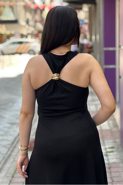 Arkası Toka Detay Midi Boy Elbise-Siyah