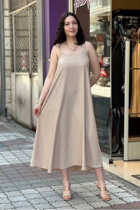 Askısı Ayarlanabilir Çan Midi Boy Elbise-Krem