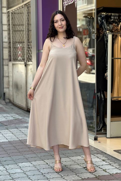 Askısı Ayarlanabilir Çan Midi Boy Elbise-Krem