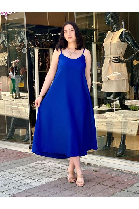 Askısı Ayarlanabilir Çan Midi Boy Elbise-Saksmavi