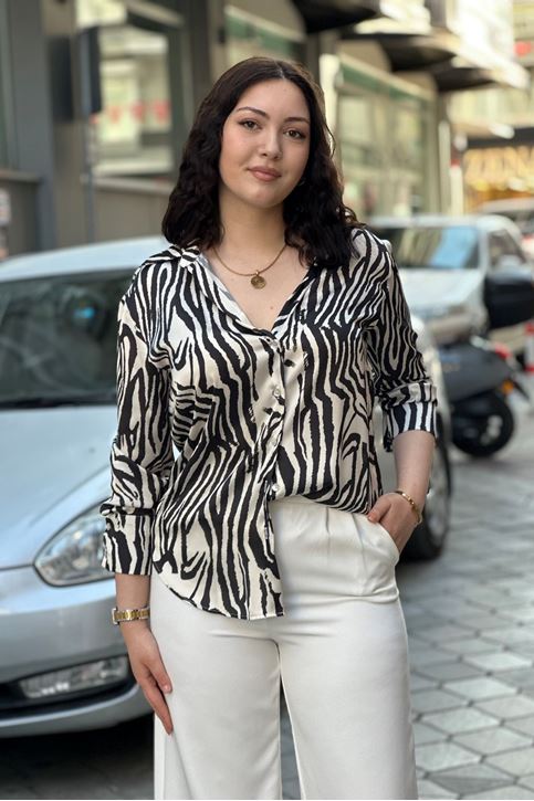 Zebra Desen Saten Görünüm Gömlek-siyah-bej
