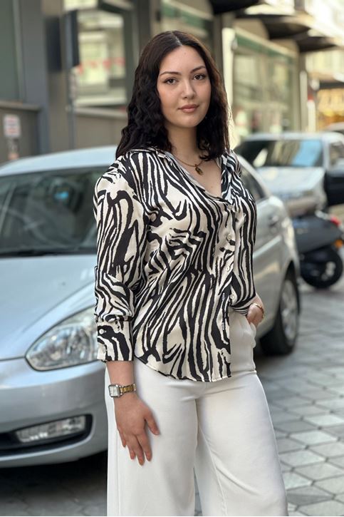 Zebra Desen Saten Görünüm Gömlek-siyah-bej