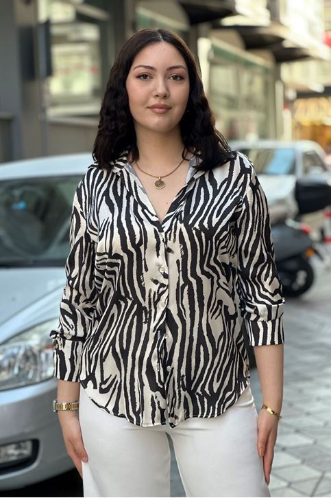 Zebra Desen Saten Görünüm Gömlek-siyah-bej