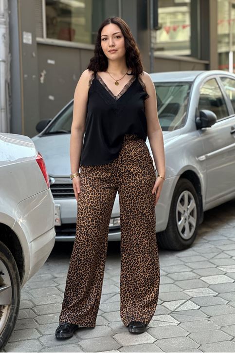 Beli Lastikli Saten Doku Leopar Bol Paça Pantolon-Kahve