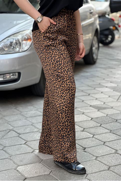 Beli Lastikli Saten Doku Leopar Bol Paça Pantolon-Kahve