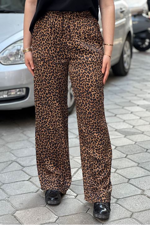 Beli Lastikli Saten Doku Leopar Bol Paça Pantolon-Kahve