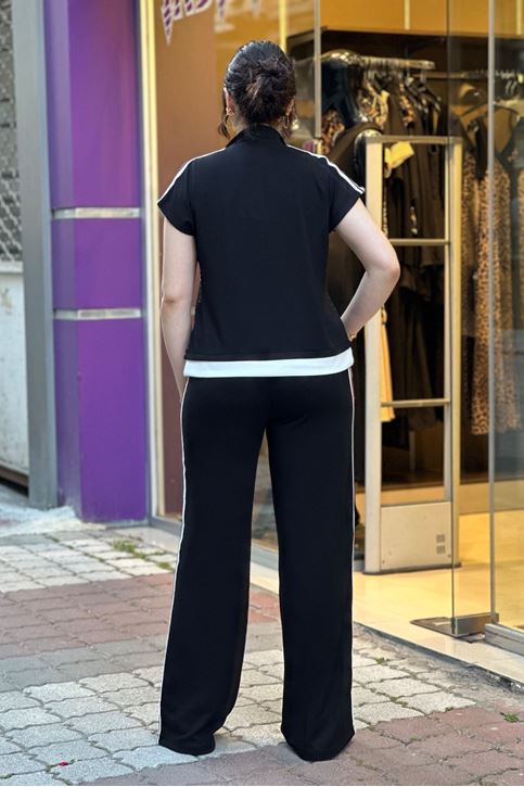 Çift Şerit Detay Ön Taş Detaylı Bol Paça İkili Takım-Siyah