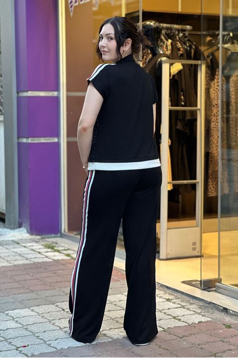 Çift Şerit Detay Ön Taş Detaylı Bol Paça İkili Takım-Siyah