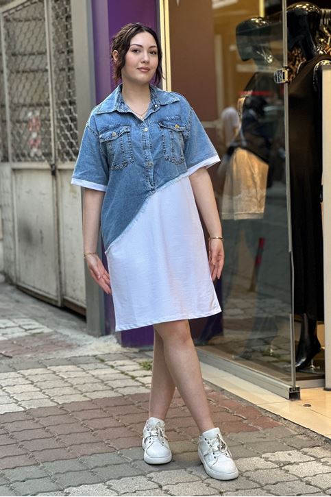 Çift Detay Üstü Kot Altı Pamuklu Elbise-Beyaz