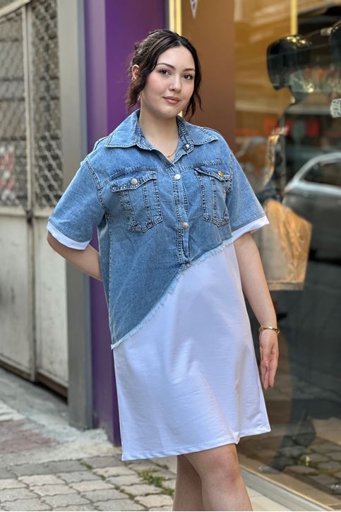 Çift Detay Üstü Kot Altı Pamuklu Elbise-Beyaz