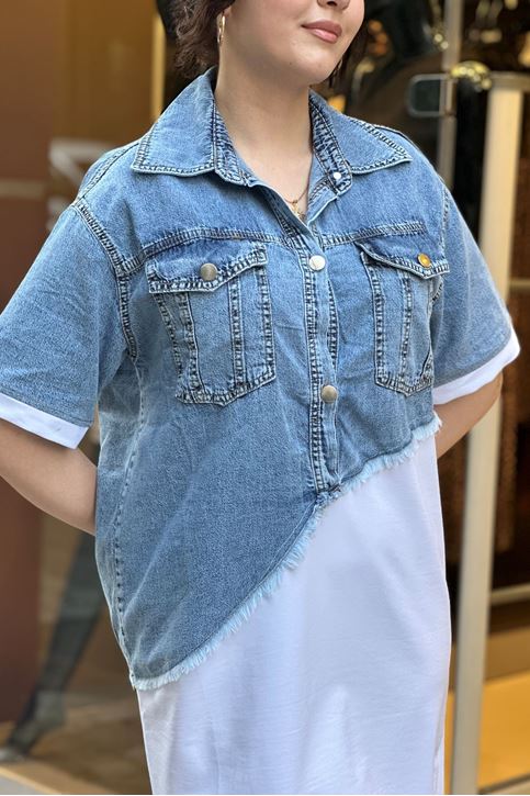 Çift Detay Üstü Kot Altı Pamuklu Elbise-Beyaz