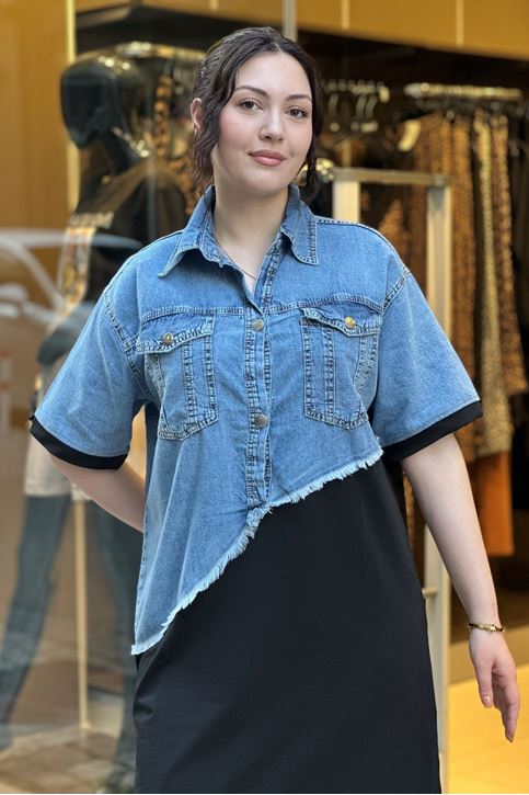 Çift Detay Üstü Kot Altı Pamuklu Elbise-Siyah