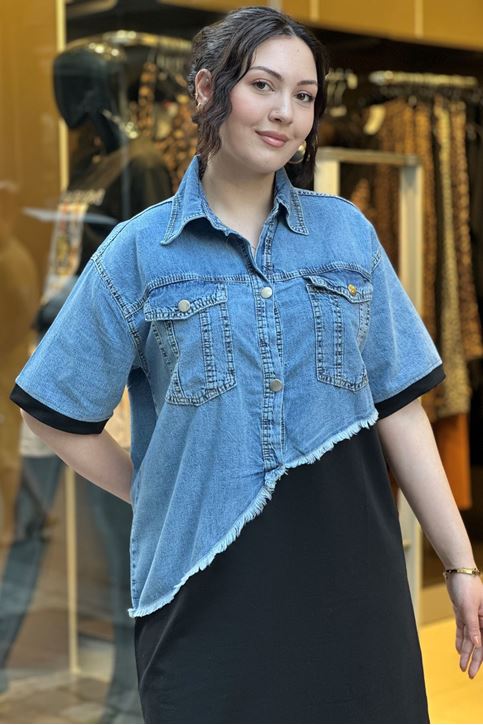 Çift Detay Üstü Kot Altı Pamuklu Elbise-Siyah