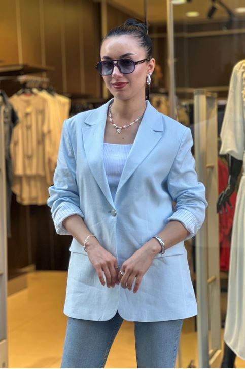 Astarı Çizgili Kol Düğmeli Vatkalı Blazer Keten Ceket-Bebemavi