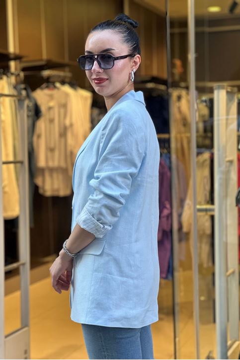 Astarı Çizgili Kol Düğmeli Vatkalı Blazer Keten Ceket-Bebemavi