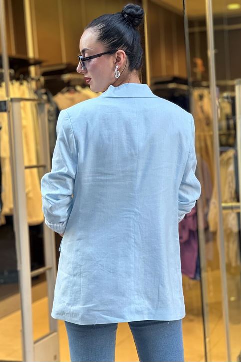 Astarı Çizgili Kol Düğmeli Vatkalı Blazer Keten Ceket-Bebemavi
