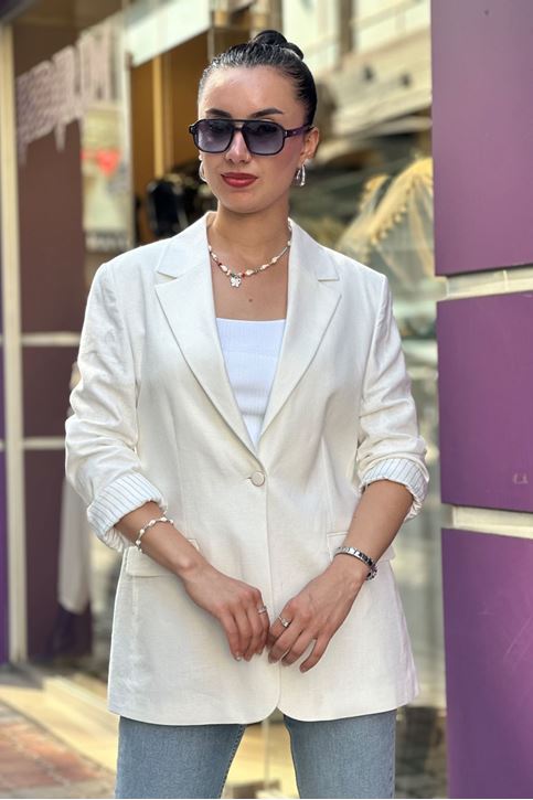 Astarı Çizgili Kol Düğmeli Vatkalı Blazer Keten Ceket-Beyaz