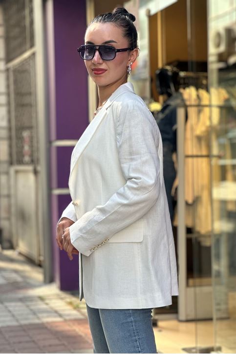 Astarı Çizgili Kol Düğmeli Vatkalı Blazer Keten Ceket-Beyaz