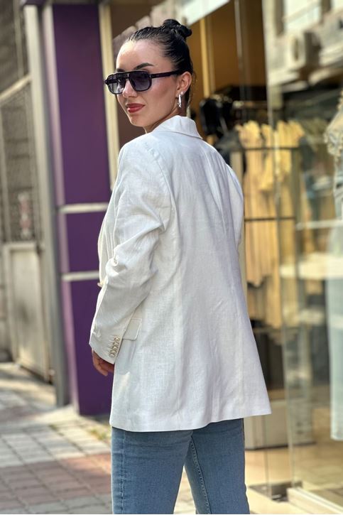 Astarı Çizgili Kol Düğmeli Vatkalı Blazer Keten Ceket-Beyaz