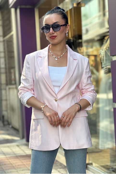 Astarı Çizgili Kol Düğmeli Vatkalı Blazer Keten Ceket-Pembe