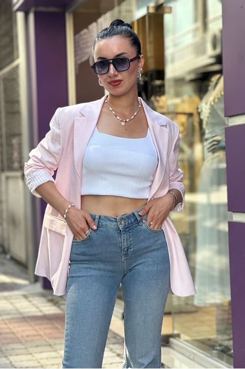 Astarı Çizgili Kol Düğmeli Vatkalı Blazer Keten Ceket-Pembe