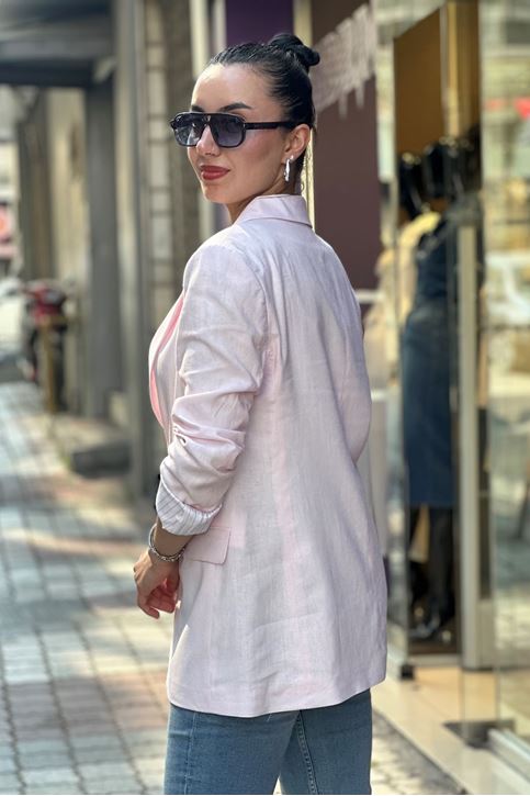 Astarı Çizgili Kol Düğmeli Vatkalı Blazer Keten Ceket-Pembe