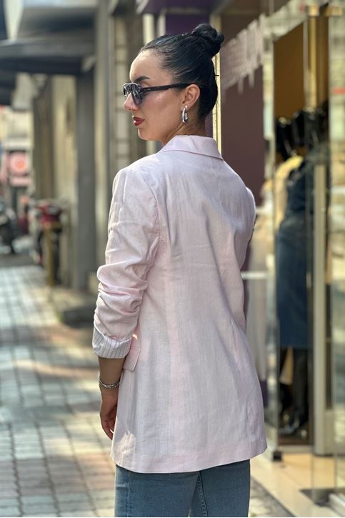 Astarı Çizgili Kol Düğmeli Vatkalı Blazer Keten Ceket-Pembe