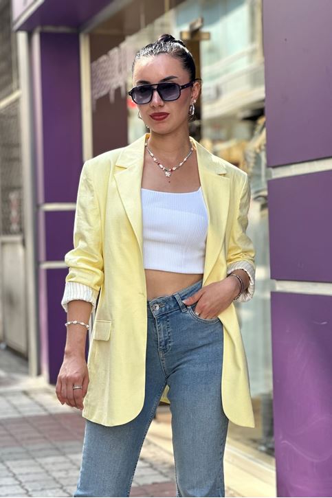 Astarı Çizgili Kol Düğmeli Vatkalı Blazer Keten Ceket-Sarı
