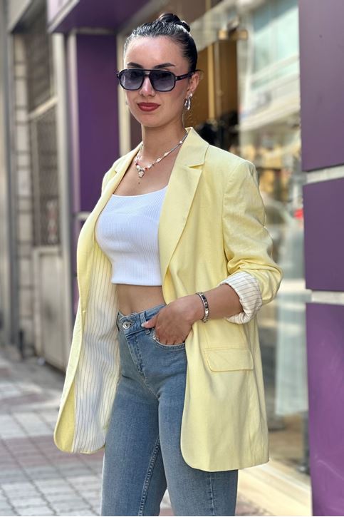 Astarı Çizgili Kol Düğmeli Vatkalı Blazer Keten Ceket-Sarı