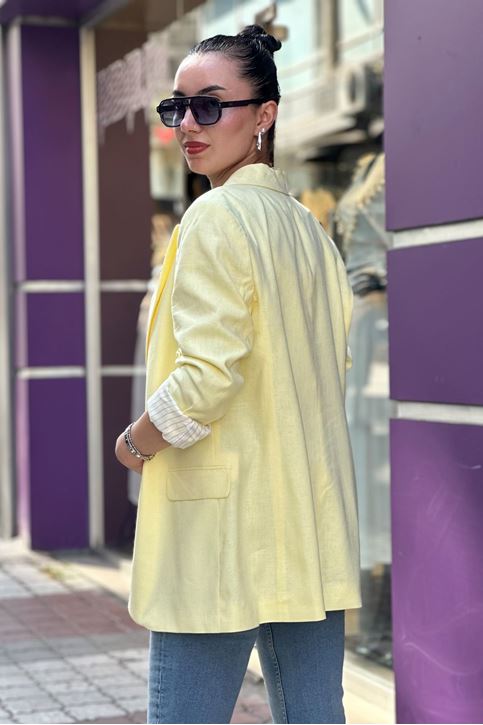 Astarı Çizgili Kol Düğmeli Vatkalı Blazer Keten Ceket-Sarı