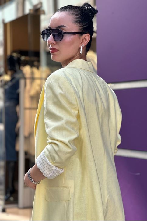 Astarı Çizgili Kol Düğmeli Vatkalı Blazer Keten Ceket-Sarı