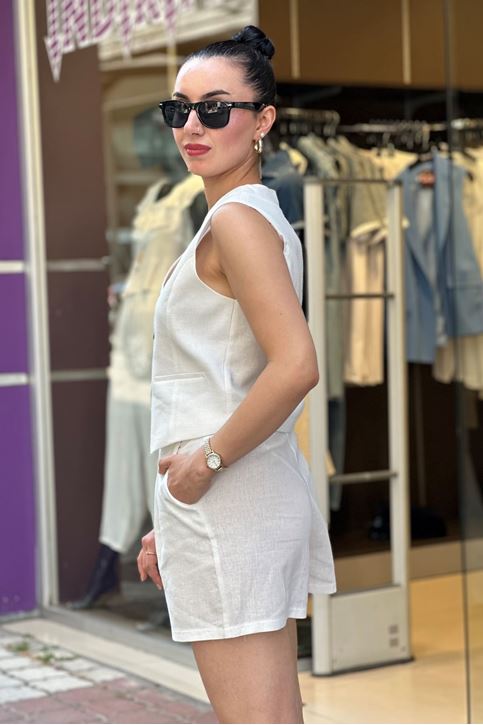 Ön Düğmeli Keten Şortlu İkili Takım-Beyaz