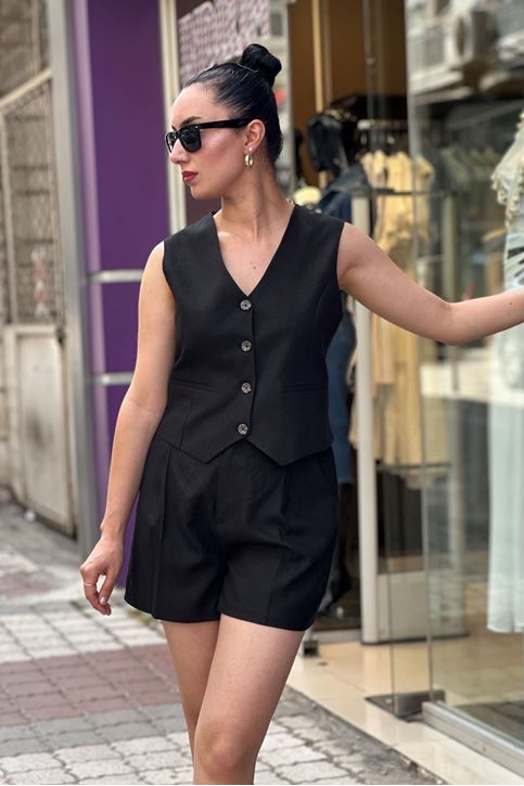 Ön Düğmeli Keten Şortlu İkili Takım-Siyah