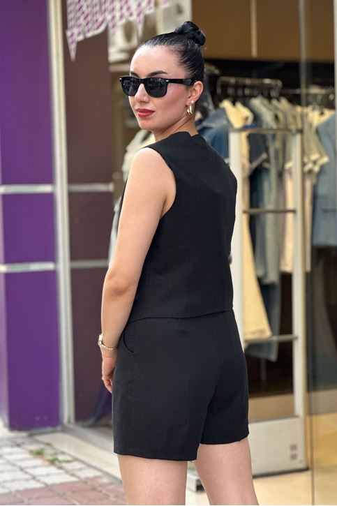 Ön Düğmeli Keten Şortlu İkili Takım-Siyah