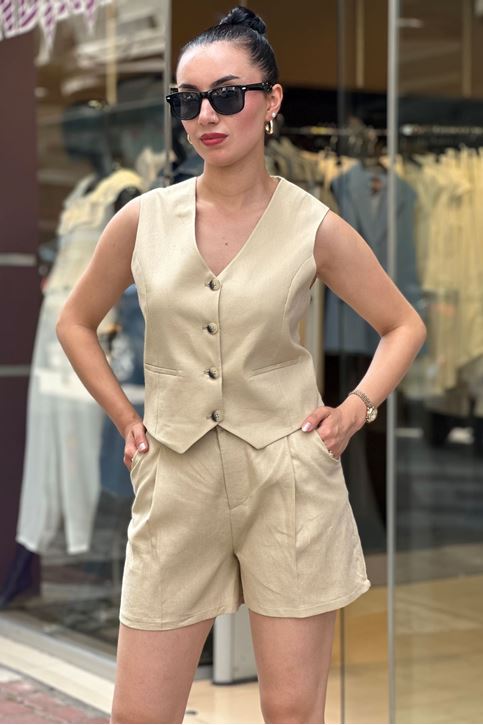 Ön Düğmeli Keten Şortlu İkili Takım-Vizon