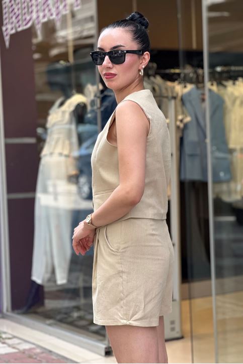 Ön Düğmeli Keten Şortlu İkili Takım-Vizon