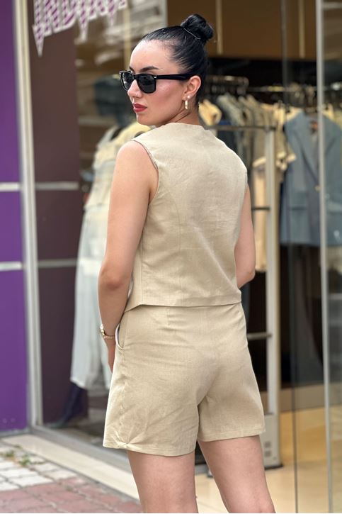 Ön Düğmeli Keten Şortlu İkili Takım-Vizon