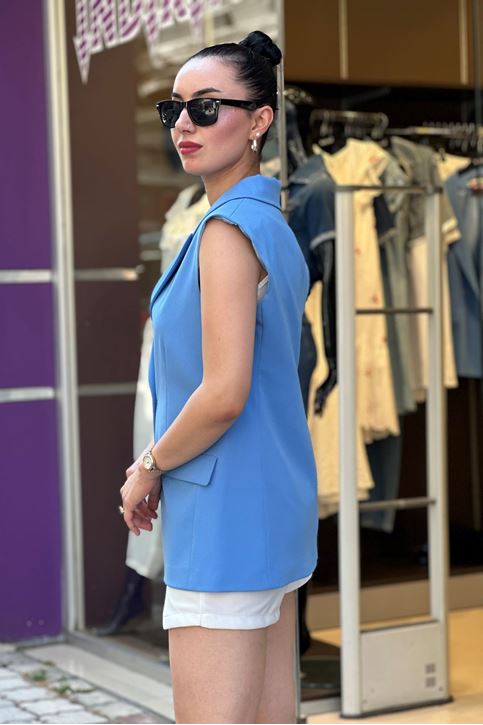 Çift Düğme Uzun Astarlı Yelek-Mavi