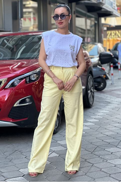 Yüksek Bel Bol Paça Keten Palazzo Pantolon-Sarı