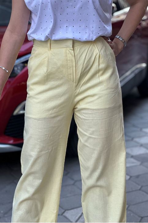 Yüksek Bel Bol Paça Keten Palazzo Pantolon-Sarı