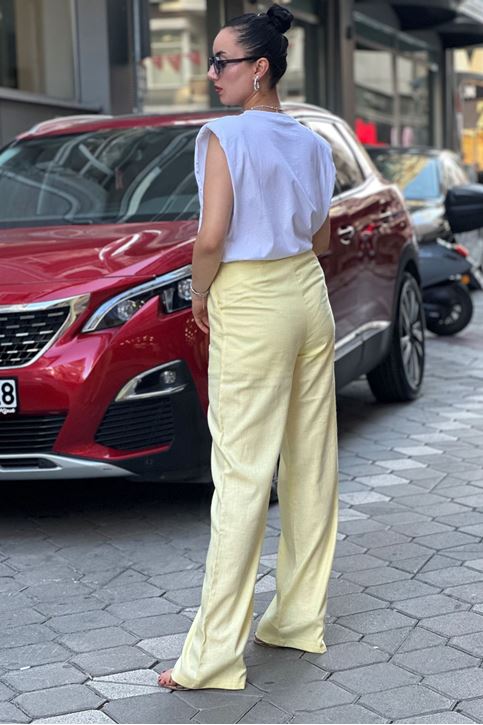 Yüksek Bel Bol Paça Keten Palazzo Pantolon-Sarı